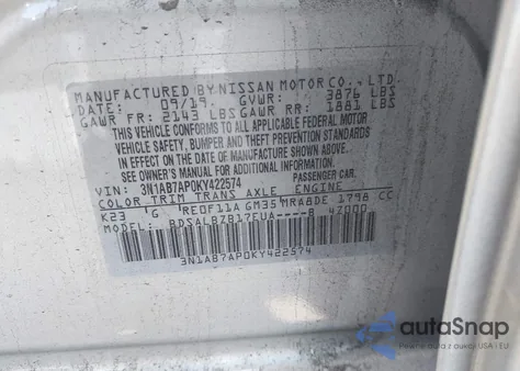 2019 Nissan Sentra S from USA, damaged, VIN 3N1AB7AP0KY422574
